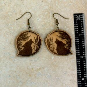Wood wolf, howling earrings. Handmade of wood
